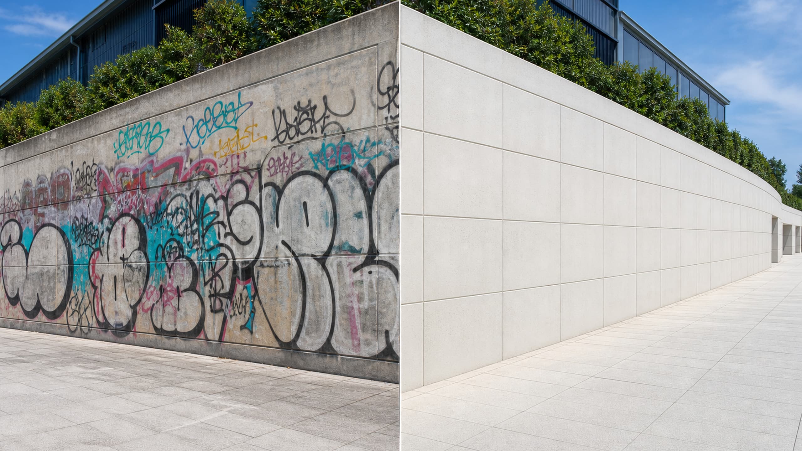 Vorher-Nachher: Fassade mit Graffiti und nach der Entfernung