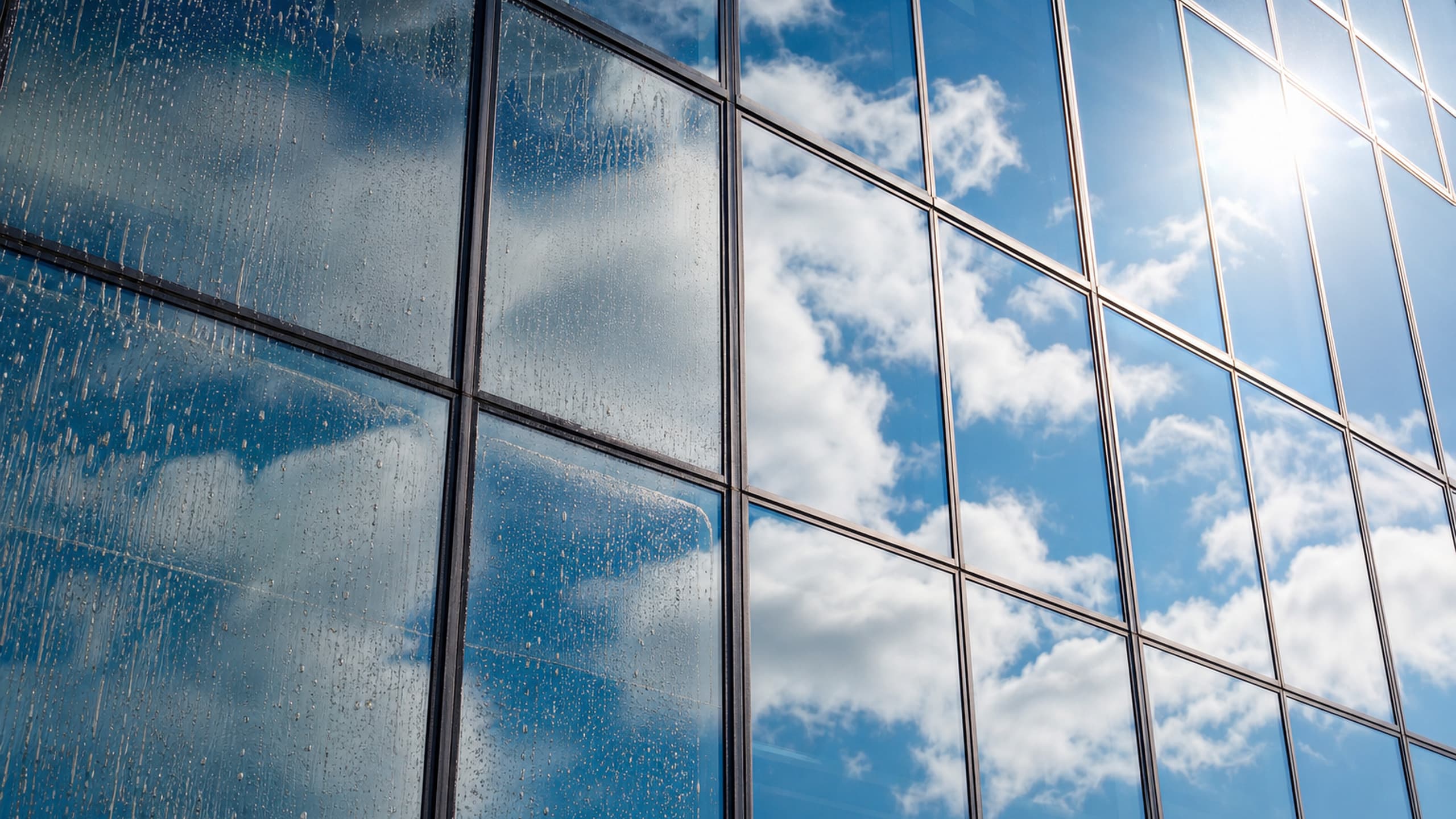 Professionelle Fensterreinigung an einer Glasfassade