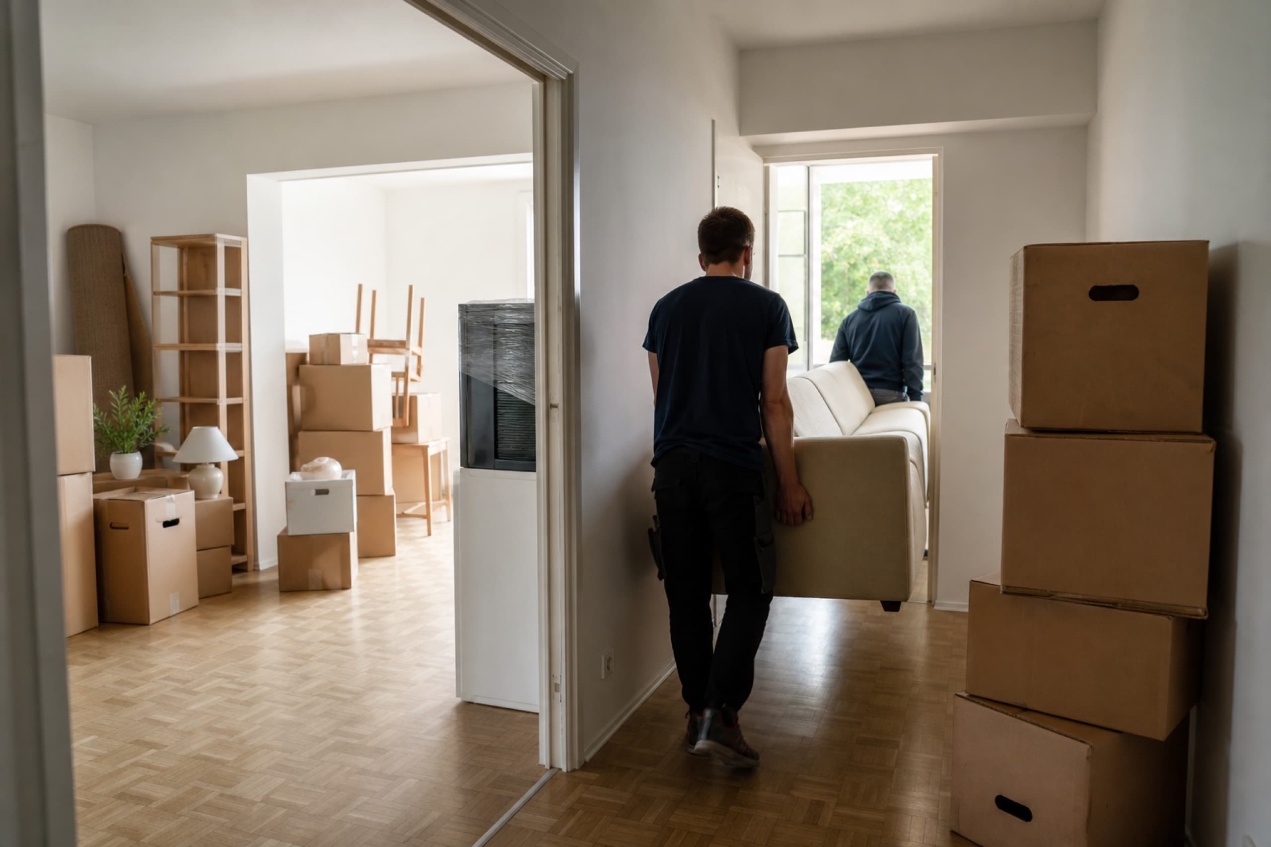 Entrümpelung mit Kartons und Möbeln in einem hellen Flur