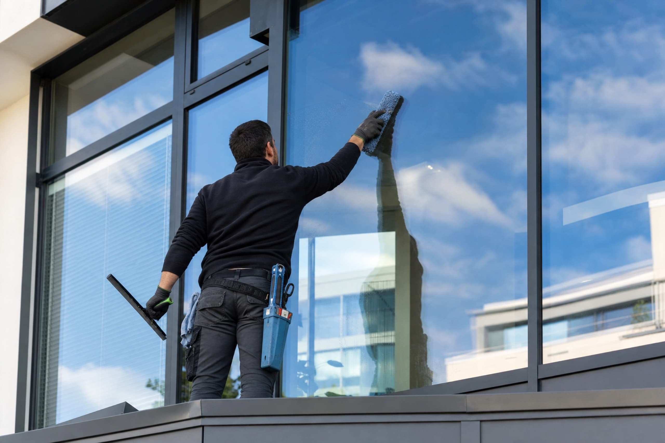 Professionelle Reinigung einer modernen Glasfassade