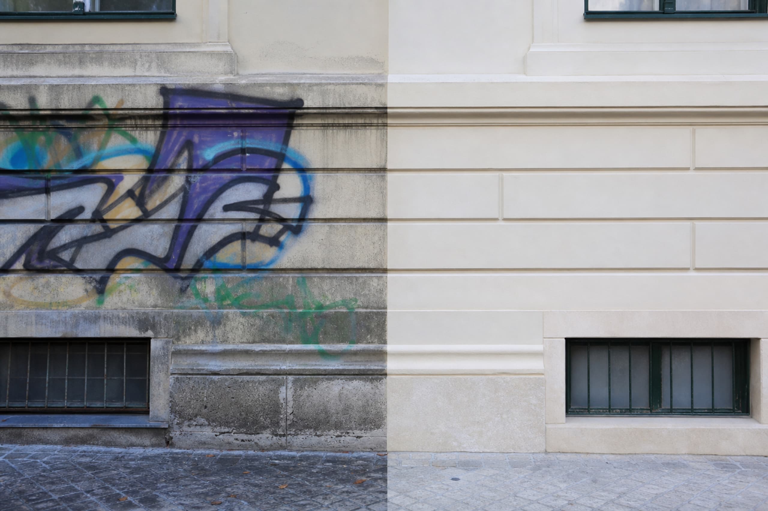 Fassade mit Graffiti und frisch gereinigter Fläche